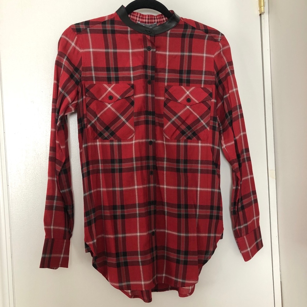 VINCE Red plaid tunic/blouse with Leather trim